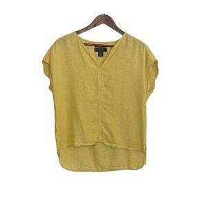 Tahari 100% Linen Top Yellow Short Sleeve Blouse Relaxed Fit Size S